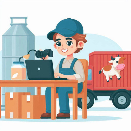 Cute cartoon farmer with laptop. Vector illustration in a flat style.のイラスト素材