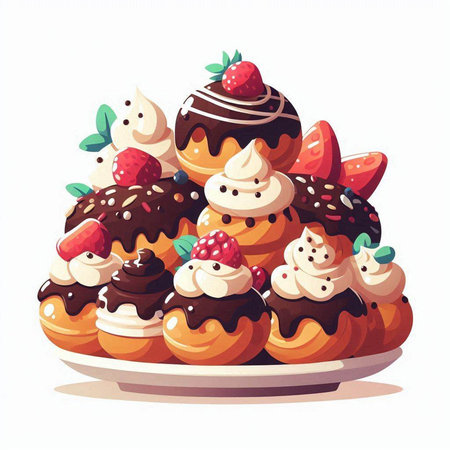 Cartoon vector illustration of chocolate cake with whipped cream, strawberries and chocolate chips.