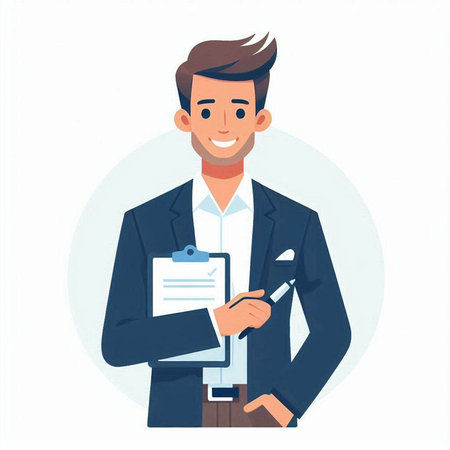 Young businessman with a clipboard and pen. Vector illustration in cartoon style.のイラスト素材