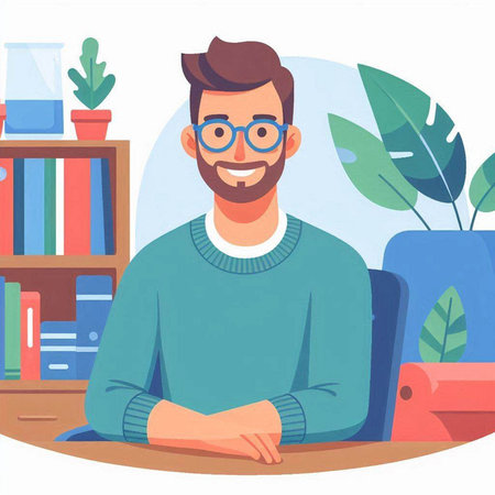 Young man in glasses sitting at the table in the office. Vector illustrationのイラスト素材