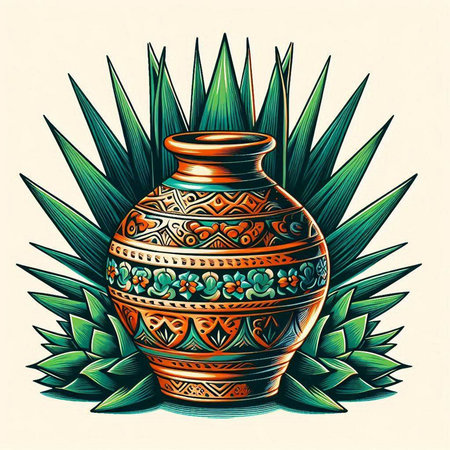 Vase with ornament and palm leaves. Hand drawn vector illustration.のイラスト素材