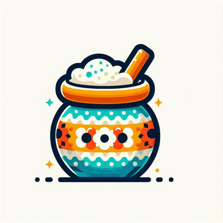 Cute vector illustration of a magic pot with snowflakes and a spoonのイラスト素材