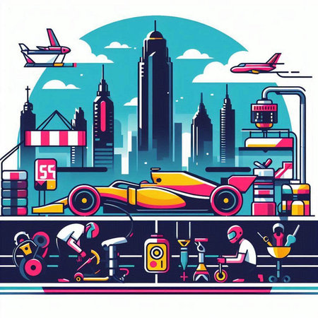 Vector illustration of a modern city with people, cars and icons.のイラスト素材