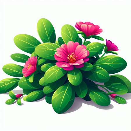 Illustration of pink flowers with green leaves on a white background.のイラスト素材