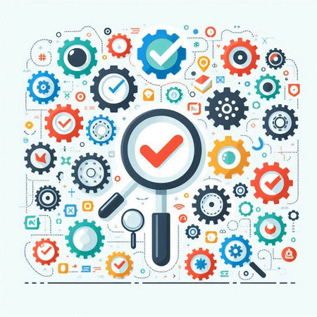 Search engine optimization concept with colorful gear icons and magnifying glass. Vector illustrationのイラスト素材