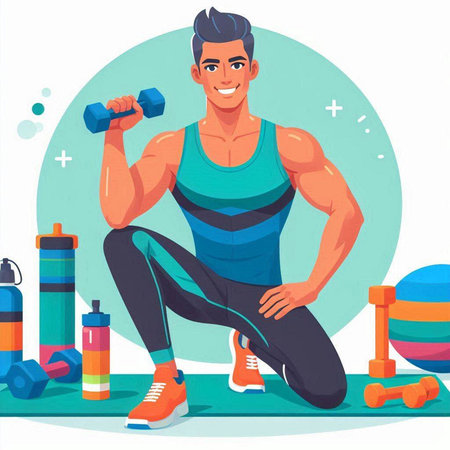 Fitness man with dumbbells. Vector illustration in flat styleのイラスト素材