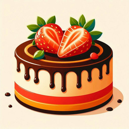 Illustration of a chocolate cake with strawberries on a beige background