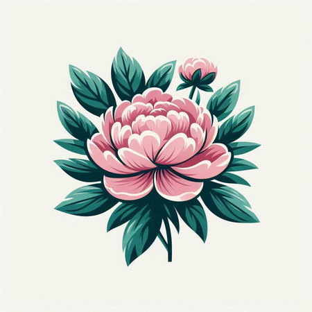 Peony flower with green leaves on a white background. Vector illustration.のイラスト素材