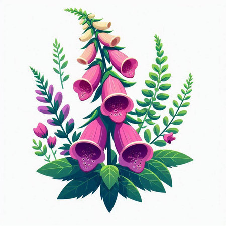 Digitalis, foxglove, flowers and leaves. Vector illustration.のイラスト素材