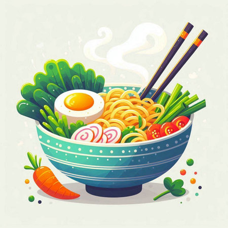 Ramen noodle in bowl with chopsticks and vegetables. Vector illustration.のイラスト素材