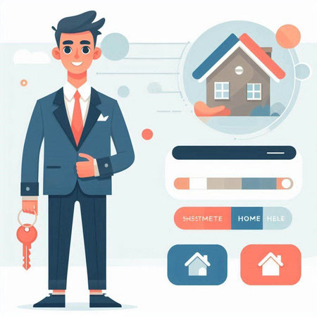 Real estate agent. Young man in a suit with a house in his hands. Vector illustration.のイラスト素材