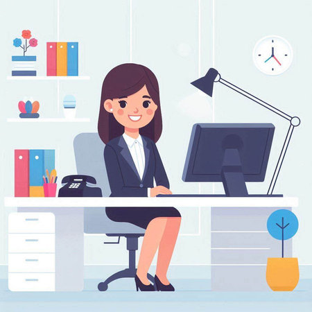 Business woman sitting at the desk in office. Vector illustration in flat styleのイラスト素材