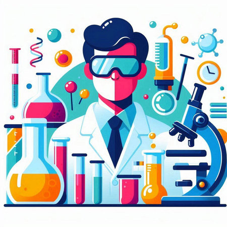 Scientist with microscope and test tubes. Flat style vector illustration.のイラスト素材
