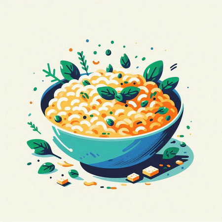 Illustration of a bowl of risotto with basil and cheese.のイラスト素材