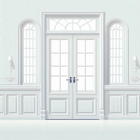 White classic interior with window, door and lamps. Vector illustration.のイラスト素材