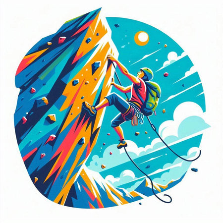 Illustration of a rock climber climbing up a mountain. Vector illustration.のイラスト素材