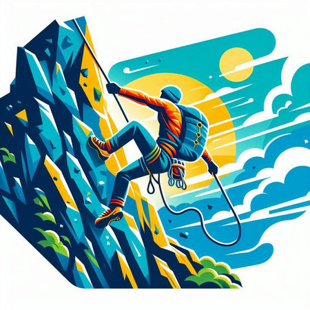Illustration of a climber hanging on a rope above the seaのイラスト素材