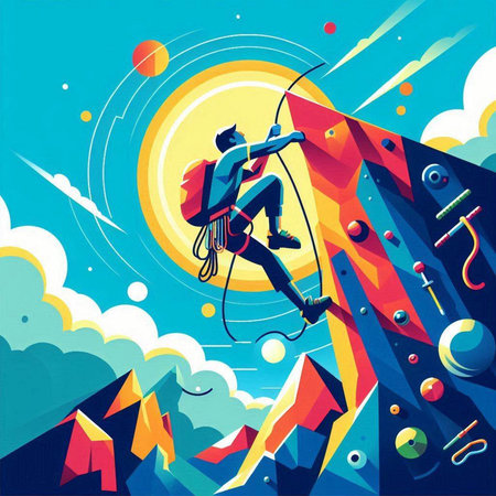 Rock climber reaching the top of the mountain. Vector illustration.のイラスト素材