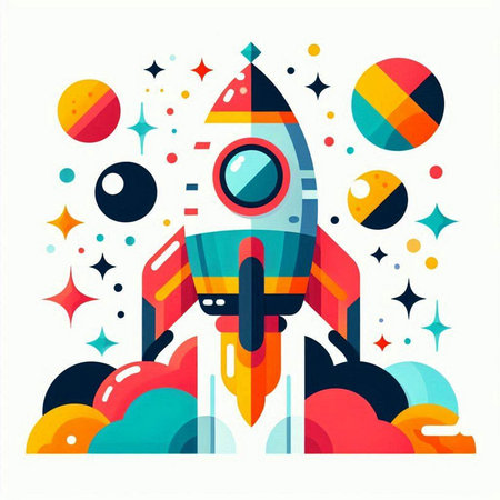 Space rocket with planets and stars. Colorful flat vector illustration.のイラスト素材