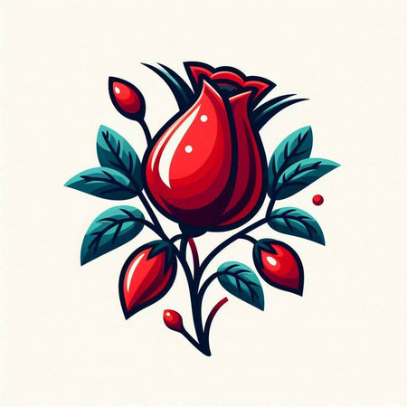 Red rose with green leaves on a white background. Vector illustration.のイラスト素材