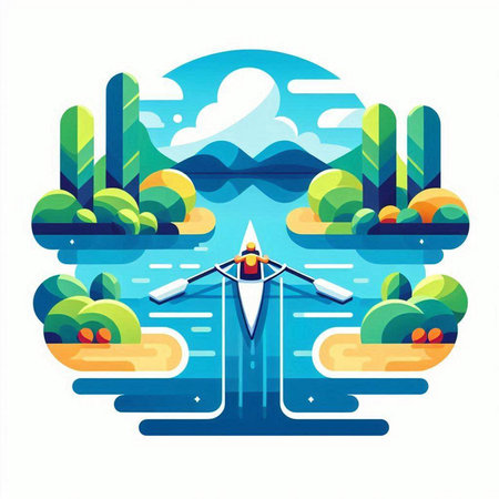 Kayak on the lake. Vector illustration of a flat design.のイラスト素材
