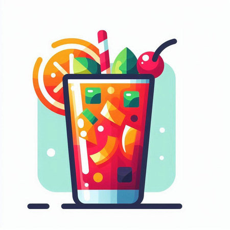 Cocktail with orange and cherry. Colorful flat vector illustration.のイラスト素材