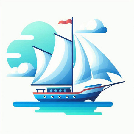 Sailing ship in the sea. Vector illustration on white background.