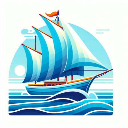 Sailing ship in the sea. Vector illustration in flat style.のイラスト素材
