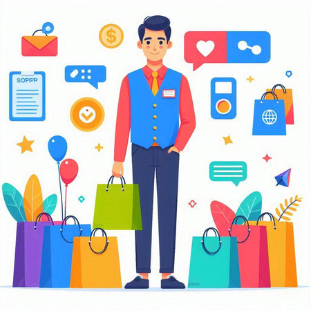 Shopping concept. Happy man with shopping bags and social media icons. Vector illustrationのイラスト素材
