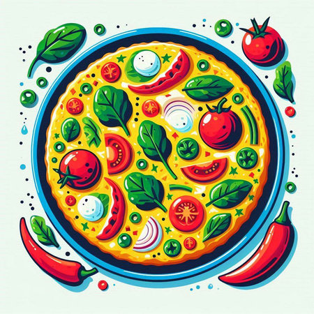 Pizza with tomato, mozzarella and basil. Vector illustrationのイラスト素材