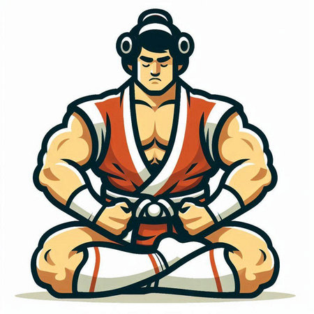 Illustration of a Japanese judo fighter sitting on the floor facing front done in retro style.のイラスト素材