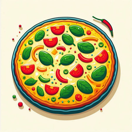 Illustration of pizza with pepperoni, tomato and basil on white backgroundのイラスト素材