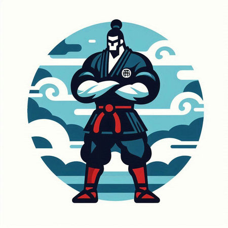 Kung fu master in the sky with clouds. Vector illustration.のイラスト素材