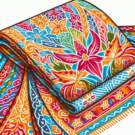 Fabric with a pattern of multi-colored flowers on a white background