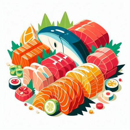 Illustration of Sushi Rolls and Sashimi Served on White Backgroundのイラスト素材