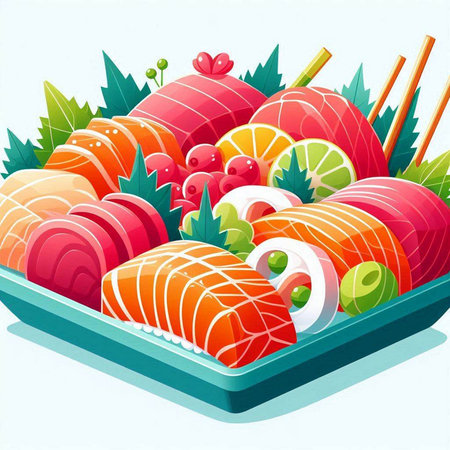 Illustration of Sushi Rolls in a Plastic Tray on White Backgroundのイラスト素材