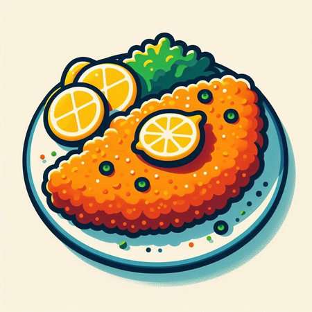 Illustration of a fish cake on a plate with lemon slices.のイラスト素材