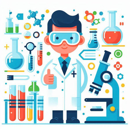 Scientist in laboratory flat vector illustration. Cartoon scientist with microscope and test tubes.のイラスト素材