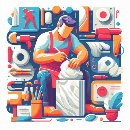 Repairman with a brush in his hands. Repair and building. Vector illustrationのイラスト素材