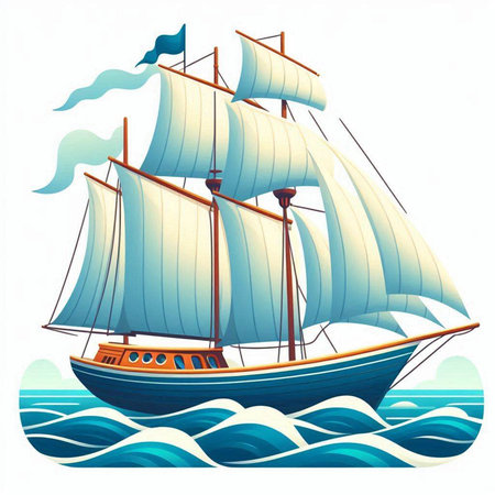 Sailing ship on the sea. Vector illustration in cartoon style.のイラスト素材