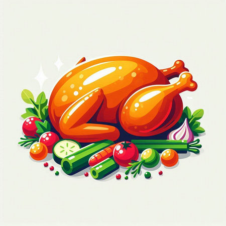Illustration of a roasted turkey with vegetables on a white background.のイラスト素材