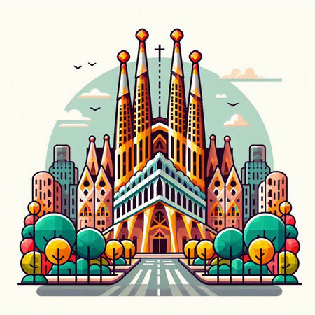 Church in the city. Colorful vector illustration in flat style.のイラスト素材