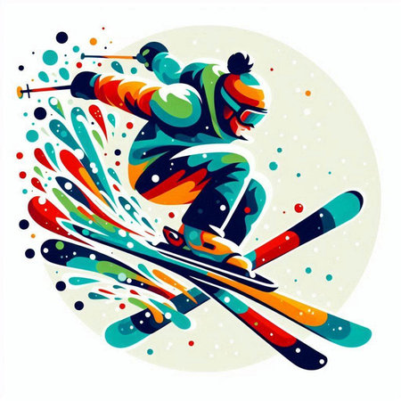 Vector illustration of a skier on a background of colorful spots.のイラスト素材