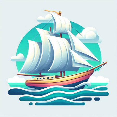 Sailing ship on the sea. Vector illustration in cartoon style.のイラスト素材