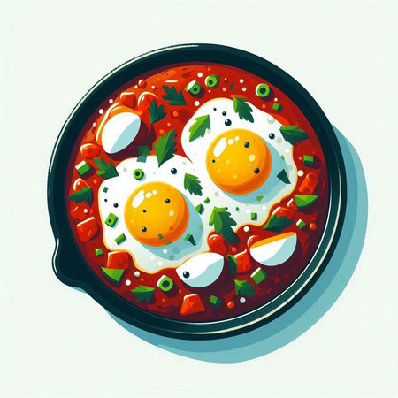 Shakshuka with fried eggs in a frying pan. Vector illustration.のイラスト素材