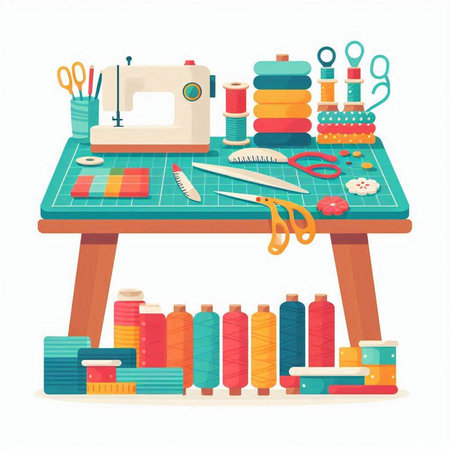 Sewing kit. Sewing machine, scissors, thread, needles, pins and other tools. Vector illustrationのイラスト素材
