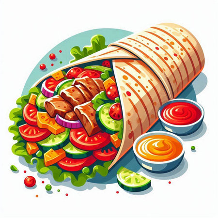 Tortilla with vegetables and sauce on a white background. Vector illustration.のイラスト素材