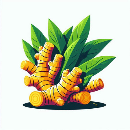 Ginger root and leaves isolated on white background. Vector illustration.のイラスト素材