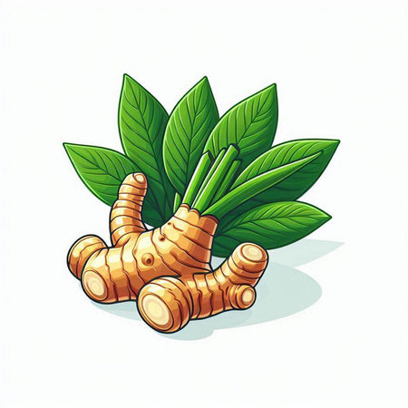 Ginger root and leaves isolated on white background. Vector illustration.のイラスト素材