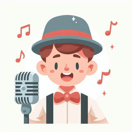 Cute little boy singing karaoke. Vector flat cartoon illustrationのイラスト素材
